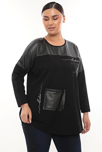 Lady Majestic Άνετη γυναικεία μπλούζα μεγάλου μεγέθους με μακρυμάνικο λεπτομέρεια από πέτρα