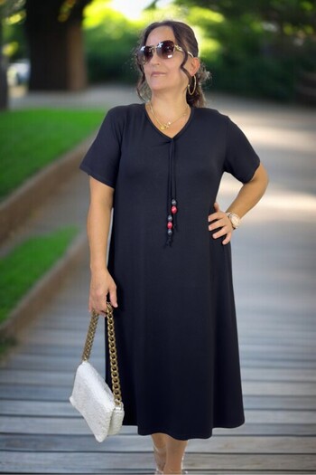 yagmurberen Fullly Flexible Lycra Cotton Fabric Short Sleeve V-Neck Cotton Viscose Plus Size Dress with Bead Detail