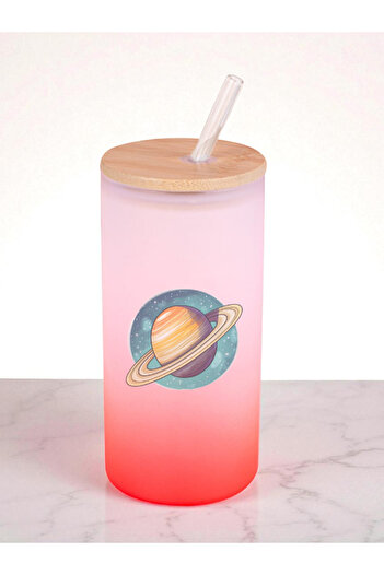 lili hediyelik Saturn Printed 600 ml Glass Flask - Water Flask, Drinking Flask, Glass Flask with Straw