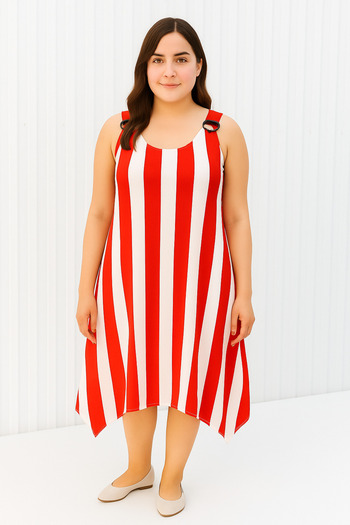 Cancanlı Kumaşçılık Plus Size Red and White Striped Cotton Combed Summer Dress
