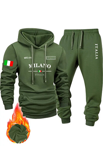 bellanova Men's Fashion Sport Sweatshirt Set, Milano Letter and Flag Printed Hoodie and Sports Pants Set