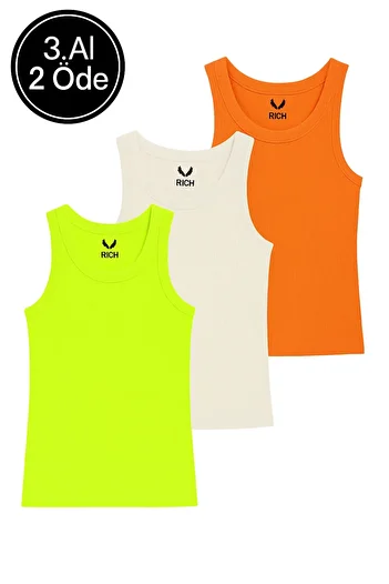 Rich Women's 3-Pack Pistachio Green-Beige-Orange Zero Sleeve Camisole Body-Crew Neck 100% Cotton Tank Top Bl