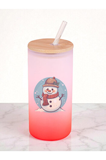 lili hediyelik Cute Snowman Printed 600 ml Glass Flask - Water Flask, Water Bottle, Glass Flask with Glass Straw