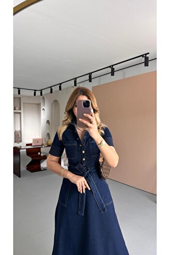 Sezgi Tekin Dikiş Detay Yarım Kol Lacivert Çan Denim Elbise