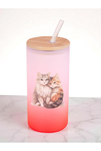 lili hediyelik Hugging Cats Printed 600 ml Glass Flask - Water Flask, Drinking Flask, Glass Flask with Straw