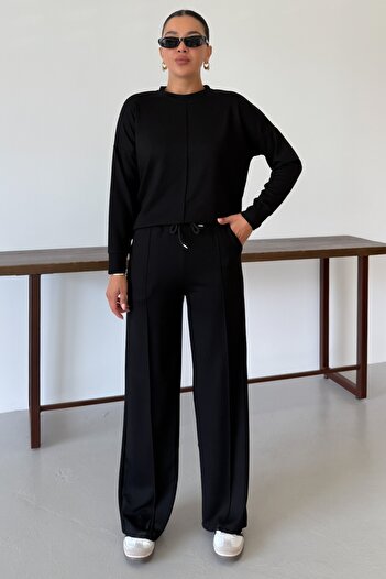 MODAGEN Women's Black Plain Crew Neck Top and Bottom Modal Tracksuit Set