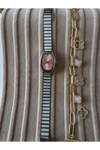 ACCESSORYHUB Women's Steel Silver Color Watch - Pink Oval Dial