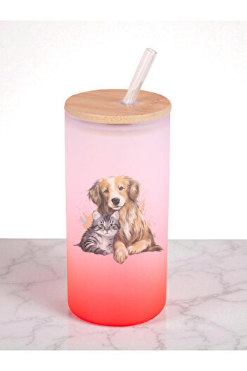 lili hediyelik Cat Dog Love Printed 600 ml Glass Flask - Water Flask, Drinking Flask, Glass Flask with Straw