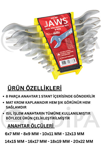 ELDİPA 8 Piece Open End Wrench Set with Stand - Double Ended, 6 mm - 22 mm