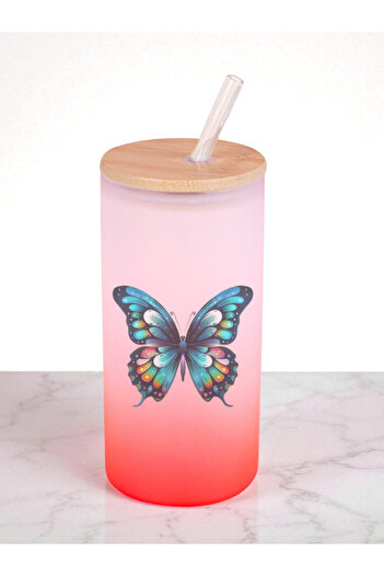lili hediyelik Blue Butterfly Printed 600 ml Glass Flask - Water Flask, Water Bottle, Glass Flask with Glass Straw