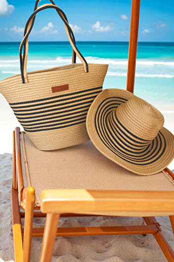 KAAN HOME TEKSTİL Kaan Home Beige Black Striped Beach Bag and Hat Set - Durable Design Suitable for Daily Use