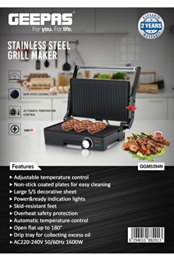 Geepas Grill Maker With Non-Stick Cooking Plate And Automatic Temperature Control 1600 W