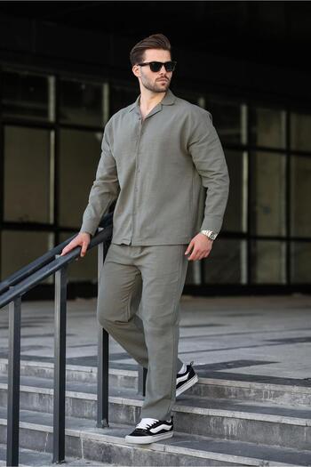 Madmext Khaki Relaxed Fit Men's Linen Shirt Pants Set E7327