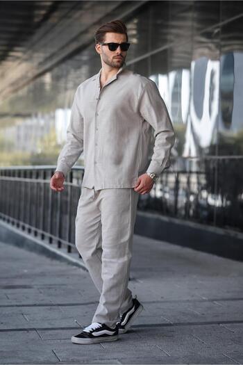 Madmext Painted Gray Relaxed Fit Men's Linen Shirt Pants Set E7327