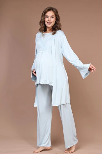 TREND Kruvaze Sabahlıklı Lohusa Hamile Pijama Takımı Mavi - 625