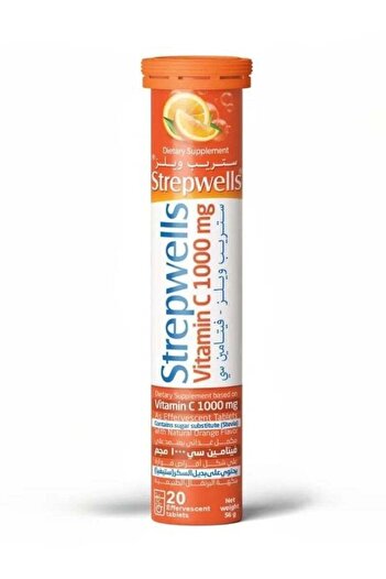 STREPWELLS Stripwells® Vitamin C 1000mg Dietary Supplement – 20 Effervescent Tablets – Natural Orange Flav