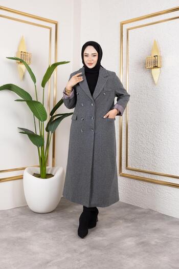 Hb Harma Time Butik Women's Lined Buttoned Pocket Long Anthracite Cashmere Coat