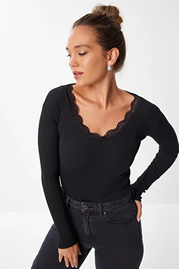Lovelyİstanbul Lace Detailed Ribbed Knitted Blouse Len0031 Black