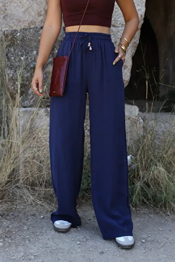 bytugcekaya Navy Blue Beaded Drawstring Palazzo