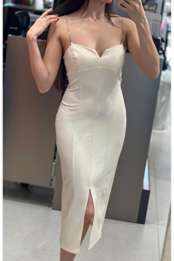Aura 7 Collection Kadın Giyim Askısı Taş Detaylı Ve Yırtmaçlı Midi Elbise