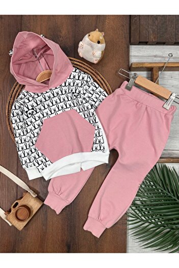 Kids Kingdom Cotton Eared Hooded Kangaroo Pocket 2-Piece Baby Girl Set