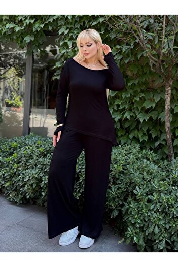 MODA طقم فيسكوز نسائي مرن بفتحة غير متماثلة من DEGAJE YAKA مقاس كبير