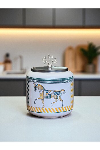 ferayhome Coffee Corner Set of 3 Spice Jars Large Size Oval 1400 ml Volume Geometric Horse Silver