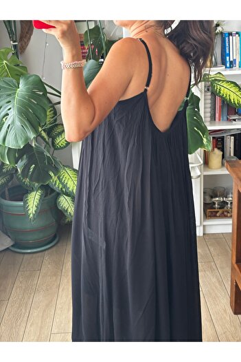 Store Siyah İnce Askılı Astarlı Pamuk-Keten Uzun Elbise