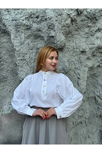 369 etnik butik Gold Button Detailed Balloon Sleeve Stand Collar Women's Blouse