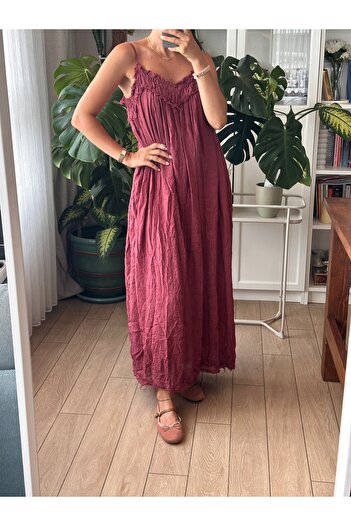 Store Bordo Renk Keten Dokulu İnce Askılı Uzun Elbise