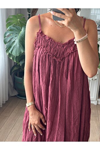 Store Bordo Renk Keten Dokulu İnce Askılı Uzun Elbise