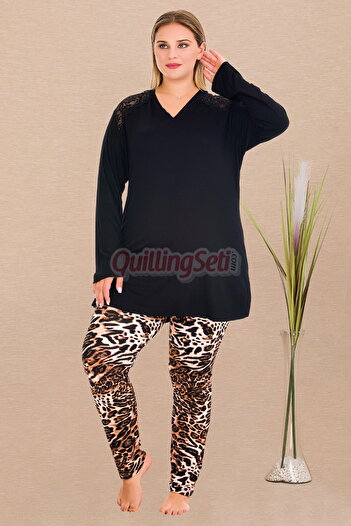 quilling Black Color Leopard Patterned 11418 Women's Long Sleeve Plus Size Pajamas Set for Mother