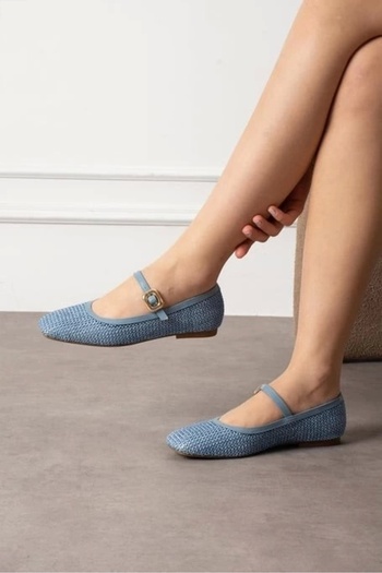 Butik Rives Blue Leather Straw Woven Ballerina Shoes