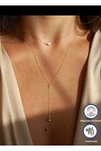 By Song Aksesuar Real Pearl Necklace with Steel Chain