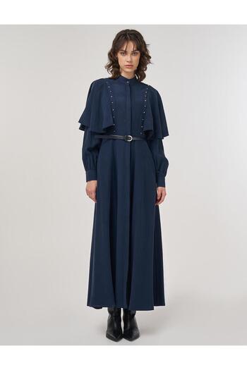 Kayra Belt Detailed Maxi Rayon Dress Dark Navy Blue