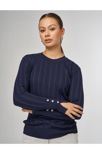 Kayra Accessory Buttoned Knitwear Sweater Navy Blue