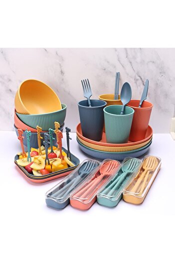 erorex 48Pcs Unbreakable Dinnerware Sets 4 People, Camping Plates Bowls Set, Plastic Picnic Dinner Sets,