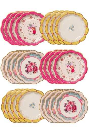 erorex Vintage Floral Paper Plates Pack 24 Pink, Blue, Yellow, Scalloped Edge, Truly Scrumptious,