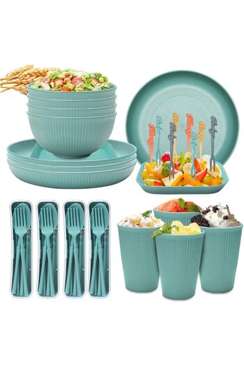 erorex 48Pcs Unbreakable Dinnerware Sets 4 People, Camping Plates Bowls Set, Plastic Picnic Dinner Sets,