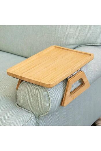 STOREMAX Snshop Home Bamboo Sofa Tray with Spring-Loaded Handle – Hinged, Non-Slip, Easy to Use, Right-Handed