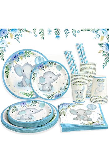 erorex Boy Elephant Baby Shower Plates Set Decorations 16 Guests,Paper Plate Napkins Cups Straws
