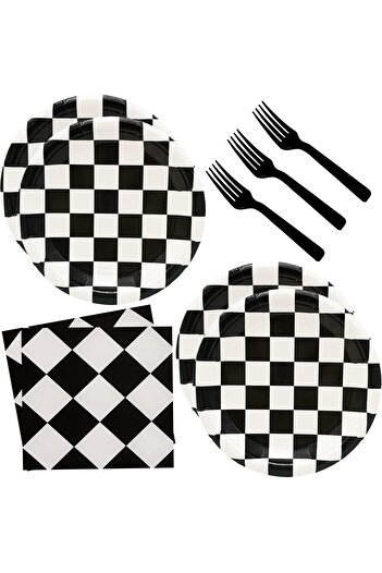 erorex 60Pcs Black White Checkered Race Car Party Supplies,Racing Themed Tableware Set 7"Racing Dessert