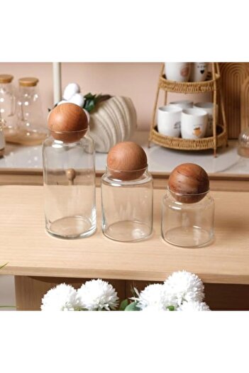 STOREMAX Polysight 3-Piece Glass Jar Set – 500 Ml, 800 Ml, 1300 ml – with Acacia Wood Ball Lid, Airtight