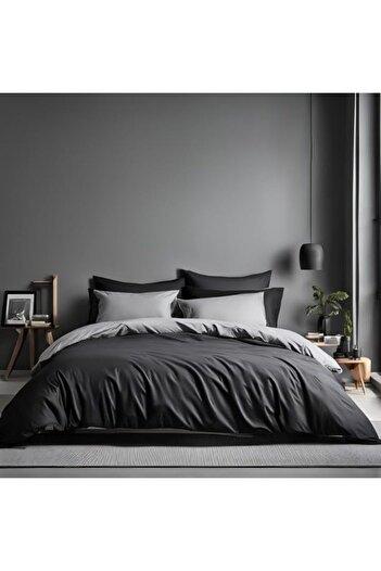 STOREMAX Fitted Sheet Duvet Cover Set Double Size (with 2 Pillowcases) (Black-Grey) Newprh