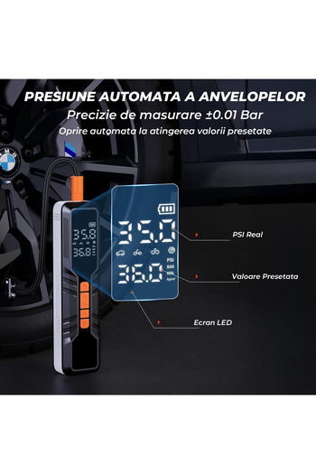 Elindor Compresor de aer portabil ® 150PSI, 10000mAh cu afișaj digital și lumină LED, negru