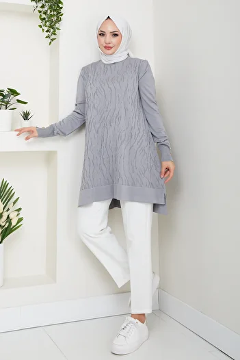 Pamuk Butik Women's Transfer Patterned Cold Thread Mercerized Knitwear Tunic