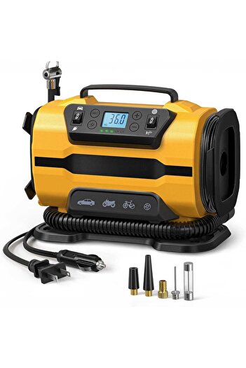Elindor Compresor auto portabil ® 150 PSI, sursă de alimentare dublă CA/CC, galben