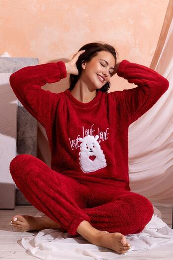 Parille Full Plush Winter Women's Pajama Set - Fleece New Year's Pajamas S-Red
