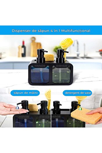 Elindor 2-compartment soap dispenser set, sponge and brush holder, 4-in-1 organizer, black