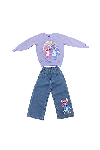 OEM Girls' 2-piece tracksuit - purple blouse with Stitch Love print and wide jeans